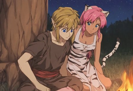 Pink_DragonPink, 1girl, sleeveless dress, white tiger print dress, pelvic curtain, cleavage, white tiger tail, red sash, small breasts, leather shoes, masterpiece, very aesthetic, <lora:pink-illustrious:1>, 
Break
1boy,Anime screencap,link (zelda),blonde hair,blue eyes,pointy ears, low ponytail, sidelocks, wearing blue hyilian tunic,
Break
Lost woods at night, sitting on tree stumps, forest campsite, night, moon out, stars in sky, campfire, pink and link touching, leaning against each other, cuddling, sleeping agaibst each other sitting