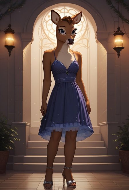 (ultra realistic, 32k, masterpiece:1.2), (high detailed skin:1.1), (high quality:1.1), source_furry,<lora:add-detail-xl:.5>, Furry,  smooth image,  score_7_up, score_8_up,score_9,perfect quality ,perfect shadows, perfect lighting, detailed body, female deer, ultra cute face, deer tail,moonlight, firelight, beautiful lights and shadows, ambient light, volumetric light,pennycarson,anthro, full body,night dress, standing, heels,