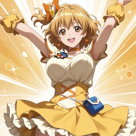 1girl, solo,curepine, short hair, brown eyes,   white dress,smile,large breasts,yellow skirt
arms up,bouncing breasts
low-amgle,upskirt
score_9, score_8_up, score_7_up,  masterpiece, best quality,  source_anime,  uncensored, detailed background,