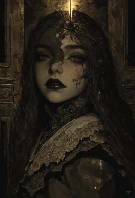 Create an intricately detailed, hyper-realistic head-and-shoulders portrait of an aging, cracked Victorian-era porcelain and paper-mâché doll. She is small in stature, no bigger than a small child and peers around the edge of a dark wooden doorway, her delicate porcelain fingers barely visible as they grip the frame. A deep, jagged crack splits her forehead, and her glossy black void-like eyes lock onto the viewer with a sinister, knowing grin. A cold, unnatural glow from behind silhouettes her figure, casting an eerie halo around her wild, dust-matted curls. Her once-elegant Victorian gown, adorned with tattered lace and intricate embroidery, clings to her fragile frame, the frayed edges barely catching the dim light. The peeling wallpaper behind her reveals darkened wood panels, their surfaces warped with time. Wisps of dust swirl in the air, illuminated by the unsettling backlight, as faint whispers seem to emanate from the shadowed hallway beyond. The air is thick with haunting elegance, a perfect balance of beauty and creeping dread as she lingers in the doorway, watching… waiting.
