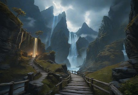 masterpiece, best quality, ultra detailed, professional light, cinematic lighting, ambient lighting, atmospheric effects, photorealistic, epic landscape, high fantasy, waterfall, mountains, cliff, bridge, Kintsugi style path, clouds