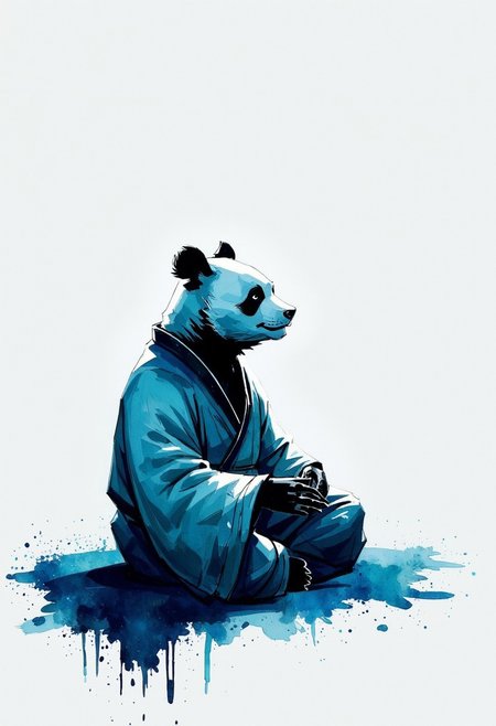 Watercolor painting of a negative colored paintsplash of a panda confucian scholar silhouette. The panda is sitting down in meditation, wearing white daoist robes. White on tenebrous black background, desaturated blue tones. By three methods we may learn wisdom: First, by reflection, which is noblest; Second, by imitation, which is easiest; and third by experience, which is the bitterest.