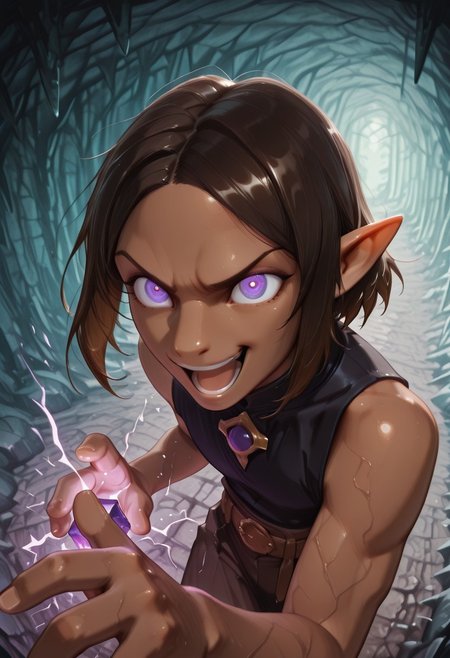 1 Lapanya, solo, Repeta, violet eyes, black sleeveless top, ((3-fingers-1-thumb)),
furrowed eyebrows, crazed expression, open mouth, laughing, wide eyes, purple electricity, purple veins, glowing eyes,
Fisheye view, face focus, side view, Dutch angle, asymmetry,
gripping purple gemstone in one hand, 4-sided gemstone, small gemstone,
organic cavern background, 
Medieval style, Smooth colors, detailed eyes, perfect hands, clean lines, high quality, best quality, masterpiece, rating: safe, source: anime,
