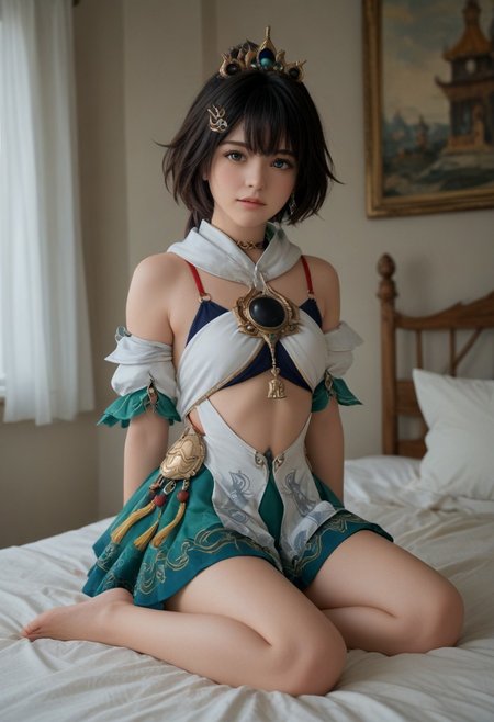 Score_9, Score_8_up, Score_7_up, masterpiece, best quality, highres, (depth of field:1.5), detailed face,  (((full shot:1.5))), 1girl,  (sitting:1.3), ontop of bed, woman, (ultra HD quality details), yunli \(honkai: star rail\), clothed, skirt, detached sleeves,  chinese face, sjvgxq