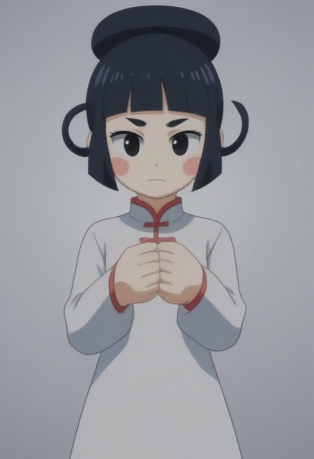source_anime, anime screencap, source_anime, auratheguillotine, anime screencap, masterpiece, source_anime, shiny skin,,,,,,,,,<lora:jasmineMedi_illustriousXL_v01:1> jasmindef, black hair, blunt bangs, short hair, black eyes, blush stickers, hair rings, sidelocks, small brows, chinese clothes, white dress,