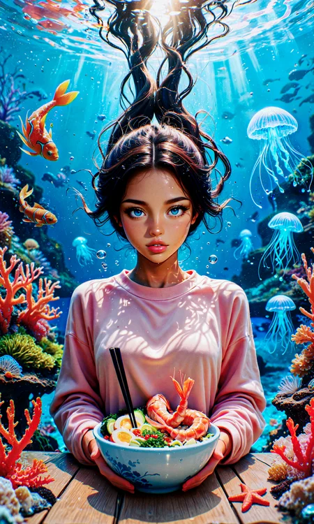masterpiece, best quality, amazing quality, very aesthetic, absurdres, newest
surreal underwater photography, frontal closeup, vibrant color contrast
tan-skinned woman with voluminous dark hair, floating weightlessly underwater, holding a seafood salad, seafood salad in a clay bowl
dressed in cozy oversized pink sweater, hair drifting in the water, holding chopsticks with a shrimp, gazing directly into the camera, calm expression
lively coral reef teeming with marine lifeâcolorful fish, jellyfish, starfish, shrimp, soft sunlight filtering through the water creating ethereal beams
dreamy and diffused, soft blue glow, gentle rays of sunlight penetrating the water, slight haze for depth
wtfisthis, btiflgrlsnrv4, pinksoftcoreanime, aidmafluxpro1.1 <lora:spo_sdxl_10ep_4k-data_lora_webui:0.8> <lora:reij-detaILer v2:0.4> <lora:Beautiful_Girls_V4:0.8> <lora:PinkieSoftcoreAnimeIL:0.4> <lora:Wtf-is-this-LoRA:0.8> <lora:aidmaFLuxPro1.1-IL-v0.3:0.4>