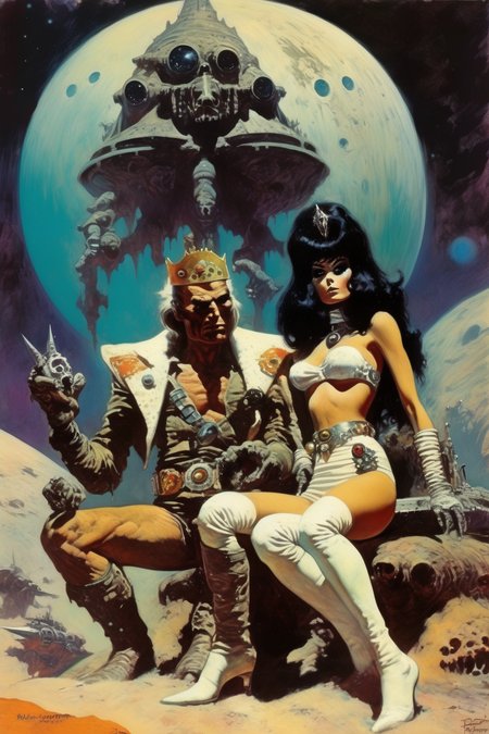 <lora:Richard Hescox Style:1>Richard Hescox Style - 70s fantasy artwork in the style of frank frazetta space goth with king