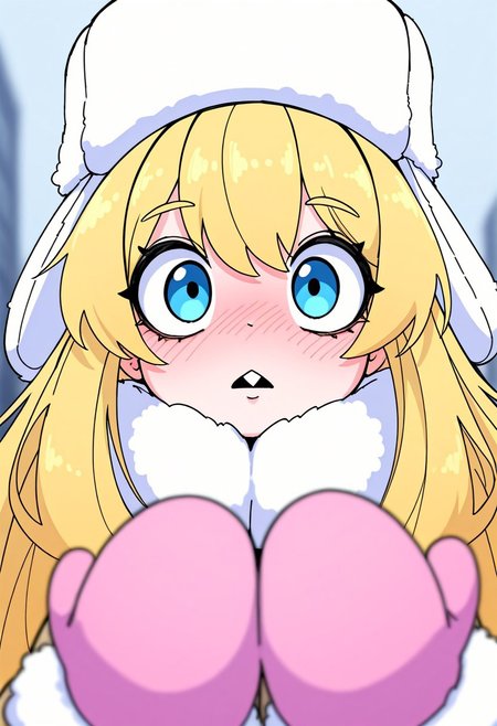 dryamero, illustration, charact portrait, depth of field, pastel coloring/(medium/), blonde hair, very long hair, blushing, face focus, buck teeth, looking at viewer, ushanka, mittens, winter coat