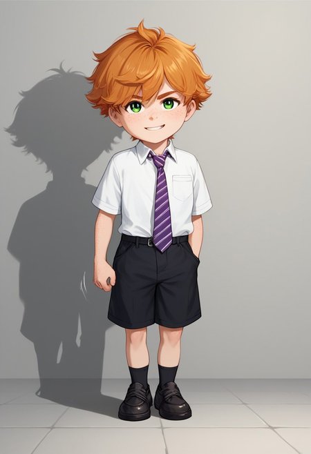 score_9, score_8_up, score_7_up, male, solo male, 
petite, shortstack,
score_9, score_8_up, score_7_up, highly detailed, cute boy, young, ginger hair, freckles, green eyes, school uniform, short sleeve white button up shirt, black shorts, untucked shirt, yellow and purple striped tie, black shoes, black socks, mischievous smile,
score_9, score_8_up, score_7_up, shortstack, short, photorealistic, extremely detailed, shading, Expressiveh, zPDXL3, perfect lighting, looking at viewer, motion lines, shadow, masterpiece, perfect hands, handfeet, full-length portrait, full body, 3DMM,