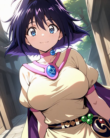 1girl,
AmeliaSlayers,
safe, solo, dutch angle, upper body,
short hair, black hair, colored inner hair, blue hair,
blue hair,
light smile,
looking at viewer,
pink choker, pentacle, 
standing, 
multicolored cape, brooch, pentagram,
taut clothes,
short sleeves, bracelet,
large breasts,
belt, 
boots,
outdoors,
depth of field,
<lora:kp_AmeliaSlayersAnimagineXL_v1_0:1.0>
masterpiece, high score, great score, absurdres