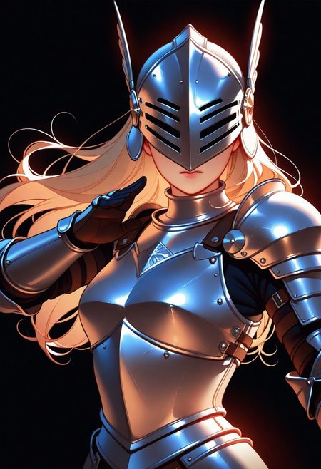 Tsuaii, flat colors,high detailed, high quality, masterpiece, 
 1girl, upper body, (black background), dynamic lighting, standing, battle stance,
steel breastplate, knight helmet,