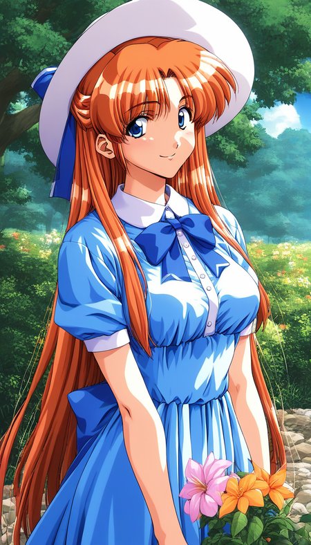 score_9, score_8_up, score_7_up, source_anime, rating_explicit, BREAK  <lora:Kobayakawa_Mizuho_XL:1> Kobayakawa_Mizuho, blue eyes, very long hair, orange hair, 1990s (style), bangs, breasts,
1girl, hat, solo, dress, sun hat, blue dress, outdoors, flower, ribbon, looking at viewer, hat flower, short sleeves, tree, day, bow, smile, half updo, blue bow, standing, cowboy shot
looking at viewer, sky, outdoor,
