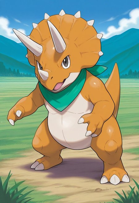 sugimori ken, pokemon, official art, 
best quality, masterpiece, amazing quality, very aesthetic, absurdres, 
full body, 
1boy, 
no humans, solo, 
triceratops, 
anthro, 
colored skin, orange skin, countershading, white belly, 
green bandana neckerchief, 
looking at viewer, smile, 
outdoors, field