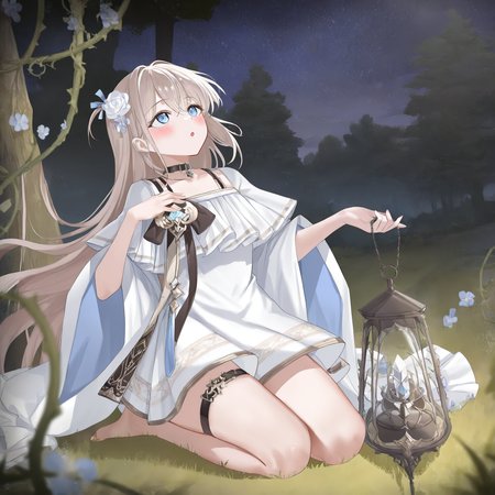 1girl, solovey, solo, full body, female focus, three-quarter view, blush, blue eyes, detailed eyes, looking up, :o, white dress, hair flower, hair ornament, thigh strap, barefoot, one hand holding lantern, hand on own chest, arm up, night, forest, starry sky, seiza, vines, black choker, very awa, masterpiece, very aesthetic, highres, absurdes, depth of field, volumetric lighting, best shadow, newest <lora:solovey:1>