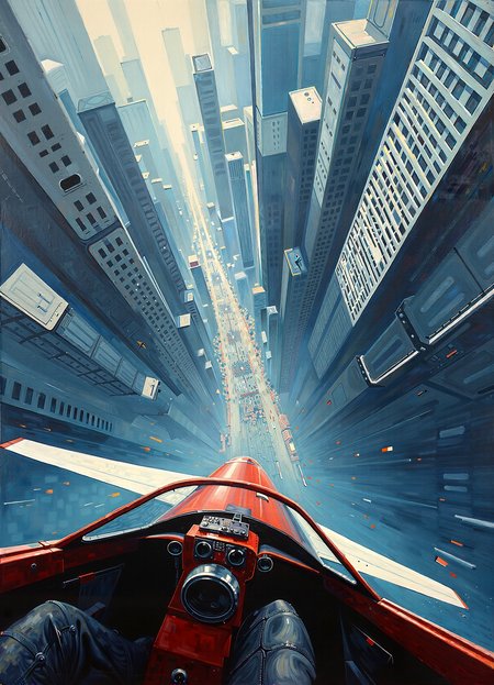A painting emphasizing the thrill and dynamism of flight. The painting captures a vertiginous aerial view from the perspective of a pilot diving toward a modern cityscape. In the foreground, parts of an aircraft such as wings or cockpit elements are rendered at dramatic angles, reinforcing the sensation of speed and descent. Below the city is portrayed as a geometric abstraction. The cities buildings and streets stylized as flattened, angular patterns that create a rhythmic, almost mechanical texture. The use of bold diagonal lines and exaggerated perspective intensifies the sense of motion and depth, pulling the viewerâs gaze downward in a dizzying rush.
Incorporate mechanical elements in the foreground to ground the viewer in the cockpit experience. The city below should be stylized with repetitive geometric forms grids, rectangles, and sharp edges. Main color palette consist of cool metallic blues, grays, and muted tones, punctuated by light reflections or contrasts that suggest the glint of machinery or sunlight on glass. Dynamic brushstrokes or blurred elements can evoke the speed and turbulence of flight.