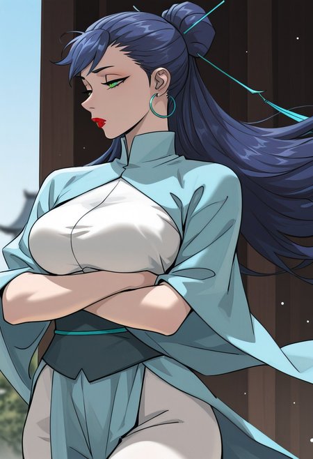 masterpiece, best quality, amazing quality, absurdres, highres,
nangong, 1gir, green eyes, blue hair, lipstick, red lips, hair ornament, hoop earrings, single hair bun, hair behind ear, breasts, moving hair, long hair,
dim lighting, glowing theme, wind, sexy, outdoors, dim light, strong will, still, arms crossed under breasts, long legs, half closed eyes, pensive, light particles, half close up, looking away, side view