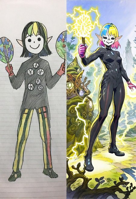 masterpiece, best quality,   smile, multicolored hair, holding, bodysuit, mask, striped pants, full body, striped, gloves, long sleeves, tree, electricity, elf, black bodysuit, day, fantasy setting               ,