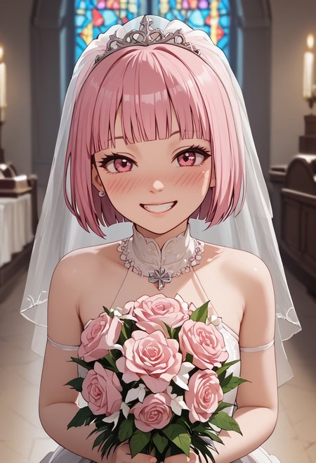 score_4,score_5,score_6,score_7_up,score_8_up,score_9 ((masterpiece,best quality,ultra detailed,highres,HD,4k:1.2)), 
1girl, solo,solo focus,girl focus,face focus,
,short hair,pink hair,blunt bangs,sidelocks,pink eyes, 
wedding dress, wedding veil,bouquet,
wedding ceremony, church,
looking at viewer,happy,smile,blush,Smiling with teeth showing,