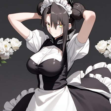 <lora:Takeuchi_Takashi_PonyXL_style_v01:1>
<lora:agent.pony:1>
score_9 , score_8_up , score_7_up , source_anime , 
masterpiece , best quality , ultra-detailed , 
BREAK
agent \(girls' frontline\), maid
1girl , woman , huge breasts , light smile , light blush , ((medusa (fate)):0.5)  , 
long black hair  , maid dress ,  
arms up