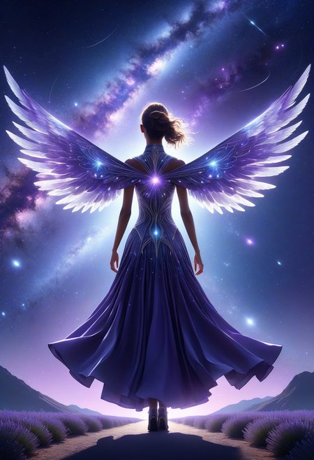 awesome quality, dynamic,DonMDr4g0nXL woman from behind,wings attached to back,skirt, (draconid:0.25) lavender shadowy radiant, celestial latitude, astral, zenithal hour angle, meteor shower  <lora:myLora\DonMDr4g0nXL-v2rb:1>,