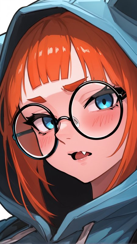 1girl, solo, looking_at_viewer, blush, open_mouth, bangs, blue_eyes, parted_lips, glasses, fang, hood, orange_hair, portrait, hood_up, round_eyewear