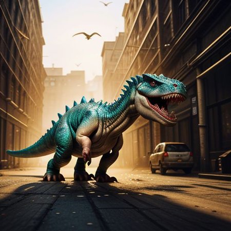 A reality distortion,Hyperrealistic, splash art, concept art, mid shot, intricately detailed, color depth, angle, side light, colorful background objects warping, melting, float, bend, twist, and stretch, Sharp image, 4k, 8k,, Detailed and Intricate, Cinematic, Dynamic Lighting, 4d dinosaur, 
OverallDetail