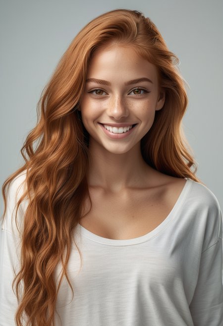 (medium full shot) of young woman, slim build, long ginger half-up half-down hair, brazilian, tan skin, light brown eyes, smiling, detailed face, wearing clothes, ,Masterpiece,best quality, raw photo, realistic, very aesthetic