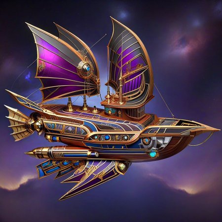 lumenarium, flying ship at space, big purple sail like solar panels, stary sky, aether nebulas, realistic, wooden hull with metal elements, blue glowing energy sail:3, gold metal, steampunk, wings like solar panels, tpship, metal plates, wooden boards, side view, ais-artdeco, contrast