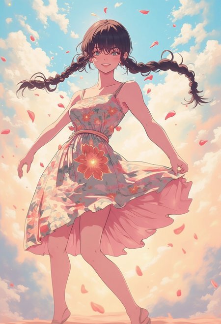 ne0nfant4sy, Sweet, confident woman with warm brown hair in braided twintails. Bright hazel eyes, joyful expression. Flowing pastel floral dress, light fabric billowing. Bare arms, delicate sandals. Abstract dreamscape background, floating golden lights, swirling pastel clouds, shimmering geometric patterns. Ethereal mist, soft glowing waves of color, fragments of floating petals. Light and shadow dance, surreal yet warm, semi-realistic with fantasy elements.