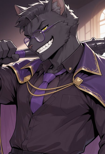 masterpiece,best quality, amazing quality, 1boy, solo,  s3nr1, cat boy, black fur, purple glasses, black buttoned shirt, purple cape,  purple tie, purple undershirt, close up, side angle, evil grin, club,