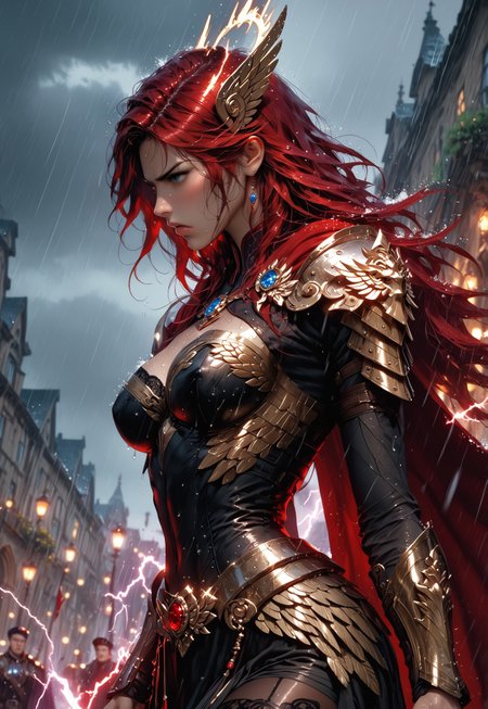 safe_pos, profile view of 1girl, sfw, gorgeous, freckles, shiny wet skin, detailed skin, detailed face:2, fierce:2, angry, snarling, growling, intense glare, perfect large eyes, dark blue eyes, black pupils:2, glowing eyes, long hair, red hair, deep red hair, dark red hair:2, cloth tunic, saggy breasts, breasts covered:1.5, nipples covered, cloth stretched tight over breasts, showing slight skin, valkyrie wings:2, flaming halo, decorative mystic armor, dark blue armor:2, matching armor, armored skirt:2, flowing skirt:2, skirt:2, flowing cape, intricate armor, shiny armor, perfect hands:2, perfect fingers, eyeliner, relaxed hands, thigh highs, leggings, armored thighs, exposed upper chest, exposed lower thigh, showing slight leg, walking pose, cape billowing in the wind, turned, 
BREAK
public place:2, outdoors, rain, rainy day, dark sky, dusk, lightning strike:2, stormy sky, lightning in sky, huge valkyrie wings behind her, 
BREAK
score_9, score_8_up, score_8, masterpiece, best quality, official art, extremely detailed, absurdres, high definition, photorealism, detailed shading, high contrast, ambient occlusion, 
BREAK
dynamic angle:1.5, cowboy shot, focus face, profile shot,  Dutch angle, 

expressiveh, comicbookpage style, mythp0rt, 
