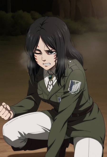 1girl,solo,mm,mature female,black hair,long hair,black eyes,anime coloring,
paradis military uniform,brooch,facial mark, steam,outdoors,on one knee, one eye closed,clenched teeth, 
,masterpiece,best quality,amazing quality,<lora:Pieck_Finger-Shingeki_no_Kyojin-The_Final_Season:0.8>