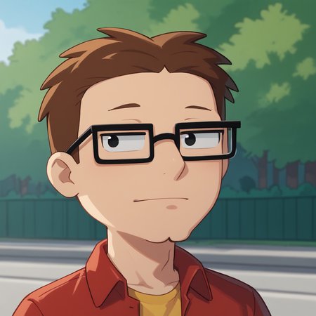 score_8_up, BREAK, Steve smith, 1boy,  solo, black eyes, glasses,  red shirt, yellow shirt,   <lora:SteveSmith_PXL_Leaf2:0.8>, portrait,  outdoors,
