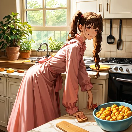 score_9, score_8_up, score_7_up,source_anime, 1girl, kitchen, long dress, cleaning, from side, looking at viewer, leaning forward, hand rest,  twintails, smile, (rating_safe),  <lora:age_slider_v4:2>