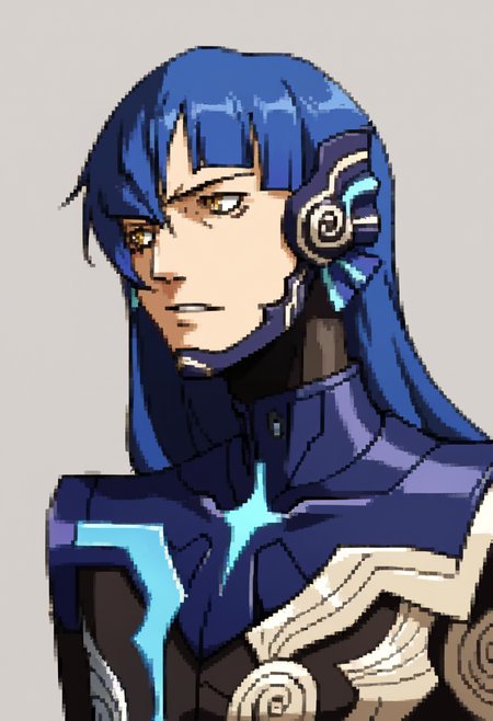 score_9, score_8_up, score_7_up, source_anime, BREAK ,solo, 1boy, <lora:P2-Protraits-pdxl_Fp:1>, portrait, simple background, <lora:SmtV-Protag-pdxl_Fp:1>,  nahobino, long hair, blue hair, yellow eyes, bodysuit, armor,
