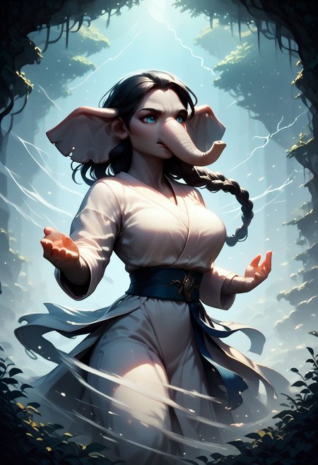 masterpiece,best quality, highly detailed, score_9, score_8_up, score_7_up, score_6_up, beautiful night sky and waterfall and forest in the background, (bending large arcs of wind and lightning, wind swirling around her), shuto uke fighting stance, wind swirling around her,
 (anthro female elephant:1.2), grey skin, large bust, black hair, braided hair, sparkling blue eyes, calm, wearing a ornate monks robe, 
ElementsMix,4esthet1c,