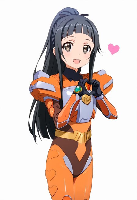 1girl, solo, anime style, 4k quality, masterpiece, best quality, young , cute,  alternate costume , cosplay, <lora:sao-yui-s1-alo-ponyxl-lora-nochekaiser:1>,yui, long hair, blunt bangs, hime cut, black hair, long hair, high ponytail, hair tie, black eyes, smile, flat chest, groin, , shiny skin, <lora:Sazer_Visuel:1> sazervisuel, orange bodysuit, brown leotard, belt, armor, gauntlets, black gloves, boots, standing, cowboy shot, from side, smile, open mouth, cute mouth, <lora:FingerHeartPony:.8>, finger heart, heart, negative_hand, easynegative,