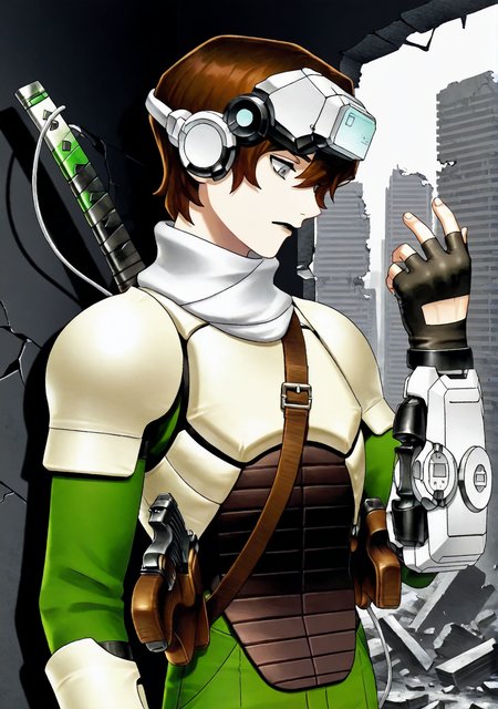 SMTHER1, FMIXFT, wrsdm, 1boy, solo, male focus, brown hair, short hair, grey eyes, head-mounted device, scarf choker, chest belt, h1 armor, green pants, guns, holstered, wrist terminal, black boots, dark upper lip, fingerless gloves, aged up, sword on back, holding sword, cityscape, ruins, indoors, debris, building, broken wall, upper body, close up, (from the side:1.3), hand up, looking down,

masterpiece, best quality, amazing quality