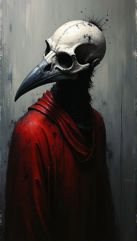 Dark, brooding portrait of a bird-like figure with a skeletal face.  Grim, macabre style.  Figure wears a deep crimson garment, with dark, textured brushstrokes and splatters creating a sense of unease and raw emotion.  Skull-like mask on face, stark white contrasted against dark, chaotic background. Bird-like beak extends from the skull, adding to the surreal, otherworldly presence.  Gray and white tones create a somber backdrop, subtly blended with dark black accents.  Paint drips and streaks accentuate the character's posture, adding depth and movement to the piece.  Composition is dramatic, with the figure angled; emphasis on dark and somber colors, creating brooding atmosphere.  Style is dark surrealism or gothic Surrealism, evoking a sense of melancholy and mystery.  Texture of the painting is thick, impasto style, with strong brushstrokes visible.  Heavy use of impasto and splatters. Dramatic lighting emphasizes the figure's form and adds to the dark and intense mood.
