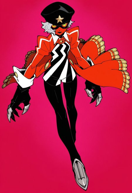 lazypos, absurdres,very aesthetic,sharp detail,intricate detail,
official art,artist:yukataro,artist:sparrowl,norakura \(nr kura\),jonpei,(zyugoya, fir3born, naga u:0.5),ireading,(krekkov:0.5),fujimoto tatsuki \(style\),
( Full body portrait, ernestop5t, colored skin, red skin, yellow eyes, short hair, grey hair,  black lipstick, hat, dress, pants, waist cape, gloves, )
dynamic angle,looking at viewer,(three quarter view:0.2),
(from above:0.2),
(dutch angle:0),
close-up,
colorful,