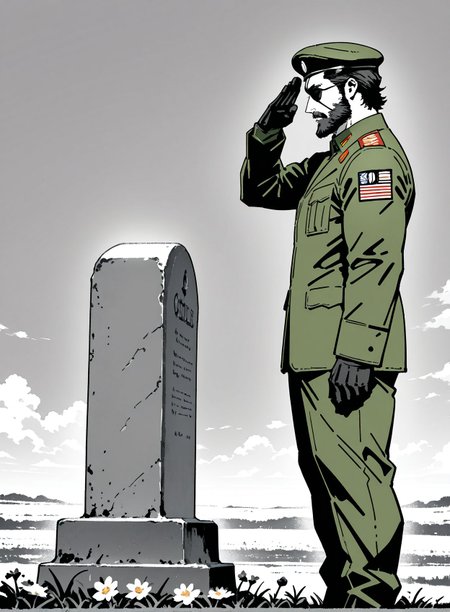 masterpiece,best quality,amazing quality,very aesthetic,absurdres,newest, huge filesize,
<lora:spo_sdxl_10ep_4k-data_lora_webui:0.5>,
<lora:add-detail-xl:1>
 normandy_american_cemetery,  ((Salute)) , stright tombstone, right hand Salute, (green Military beret:1.4),from side, looking down,  tombstone facing man,
Upright tombstone,
Standing gravestone,
Vertical headstone,
Saluting the text on the tombstone,
Paying respects with a salute to the inscription,
Standing at attention and saluting the tombstone’s e
Stand at attention and salute, (white flower:1.4), wind, 
Attention and salute,
day,sky,  monochrome,  muscular male,  military uniform jacket,  along,standing,  legs together, from side, face shot,
1man, mature male,  big boss from metal gear solid3,  from behind, 
35YO,
Full beard with a rugged look,
Thick and well-groomed beard,
Short, scruffy facial hair, black hair, 
Olive green suit with matching trousers, 
simple pencil sketch, spot color, <lora:Yoji:0.8> yoji_shinkawa,
eyepatch,