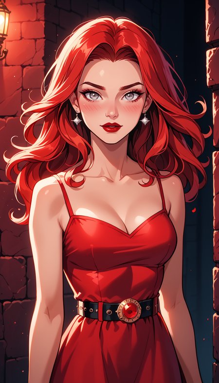 score_9, score_8_up, score_7_up, (Western Comics), girl, cute, seductive, innocent, fit glittered red dress, large belt, red hair, floating hair, silver eyes, red lipstick, red eye shadow, blush, sexy, pure innocence, (light smile:0.3), whore vibe, in love, seductive gaze, (red:1.1), romantic setting, dreamy pastel palette, whimsical details, colorful, softcore, warm lighting, cosy atmosphere, red theme, (cinematic, red and black:0.85), sharp, dim colors, (Cowboy shoot photo), (depth of field), (dynamic angle), (wall background), (ultra detailed, high quality texture), (sharp), (artistic image)