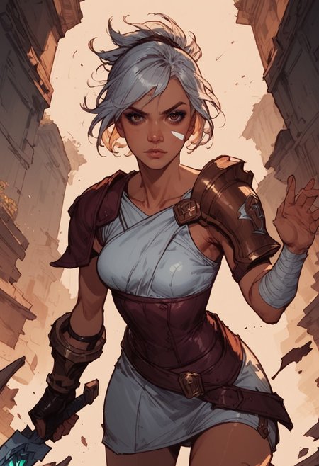(score_9, score_8_up, score_7_up, score_6_up, score_5_up:1.1), commix style, 1 woman, (detailed face), (waist-up, face focus), (((Rvn, ogskin))), ((Rvn, short hair, ponytail, brown eyes, spiky ponytail, facial mark, eyeshadow, tanned skin, toned, lips, sleeveless)), ((single white face marking)), ((tanned skin, brown eyes, toned body)), ((top, criss-cross halter, single pauldron, shoulder armor, single glove, bandaged arm, corset, belt, skirt, single greave, boots)), (((holding sword over shoulder, sword, broken weapon, huge weapon, broken weapon, magic))), in a desert, (3-frame sketch), raw lighting, overexposed, harsh flash, volumetric lighting, cinematic lighting, aesthetic design, dramatic angle, dramatic framing, cinematic framing, posing at an angle,