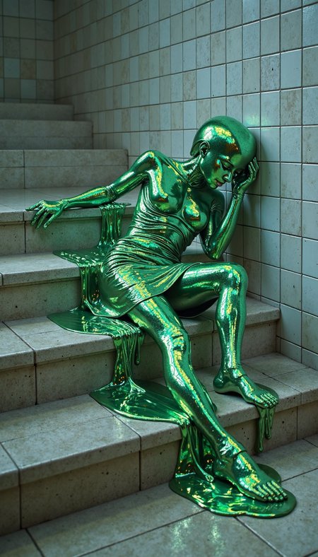 Bioluminescent,evangsurreal,surrealism,glitter, A woman in a green dress lies supine on concrete steps, her legs sensuously extended upwards against a white-tiled wall.  Her head,  rendered as a glossy, viscous puddle, oozes down the steps in a surreal, uncanny tableau. Emphasize the contrast between the hyperrealistic depiction of the body and the abstract, liquefied head, capturing the unsettling beauty of the scene. Use a low angle shot to accentuate the woman's form and the flow of the liquid. The lighting should be soft and ethereal, casting subtle shadows that accentuate the texture of the concrete and the glossiness of the liquid. The background should remain minimal, focusing attention on the woman and the disconcerting transformation occurring.