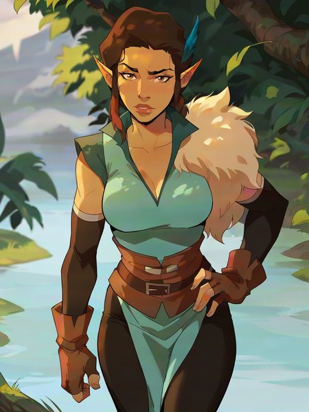 <lora:Vex:0.6> ve_x, 1girl, half-elf, elf ears, brown hair, braid hair, brown eyes, blue feather in hair, blue sleeveless shirt with apron, fur shoulder pad, brown belt, brown fingerless gloves, black sleeves, black leggings, looking at viewer,
 <lora:incase_v14:0.9> breasts, female, score_9, score_8_up, score_7_up,