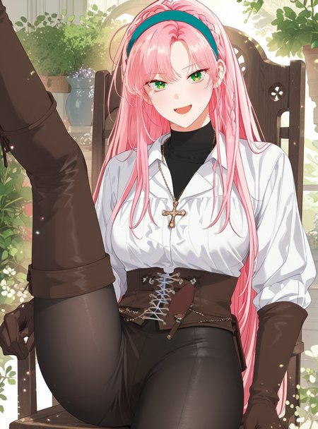 score_9_up, score_8_up, score_7_up, (Anime_source), open mouth, in garden, looking at viewer,<lora:Ailette_Rodeline_-_The_Perks_of_Being_an_S-Class_Heroine-PONY-Kaleid:1>ailette rodeline, long hair, pink hair, eyes green, 1girl, necklace, bangs, braid, hairband (large breasts:1.3), gloves, white shirt, sitting on chair, legs up, (facing viewer:1.5), (4k),  black pantyhose, pantyhose, spread legs, (naughty face:1.5)  thigh boots