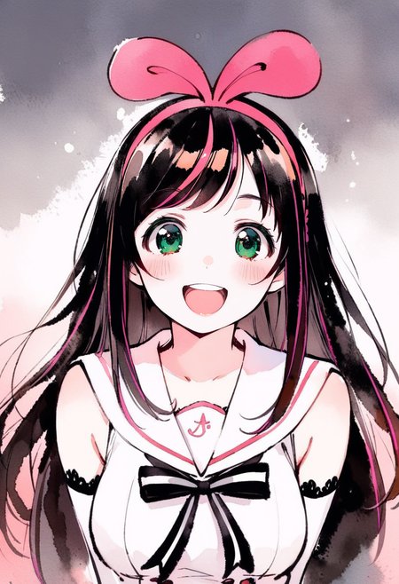 masterpiece, best quality,<lora:inkXL_ANI31_lokr_V43P1:0.95>monochrome, watercolor, 1girl, kizuna ai, virtual youtuber, solo, long hair, brown hair, pink hairband, smile, looking at viewer, hairband, open mouth, sailor collar, green eyes, upper body, multicolored hair, bow, streaked hair, shirt, :d, detached sleeves, pink hair, white sailor collar, sleeveless, sleeveless shirt, hair bow, white shirt, teeth, gradient background, straight-on