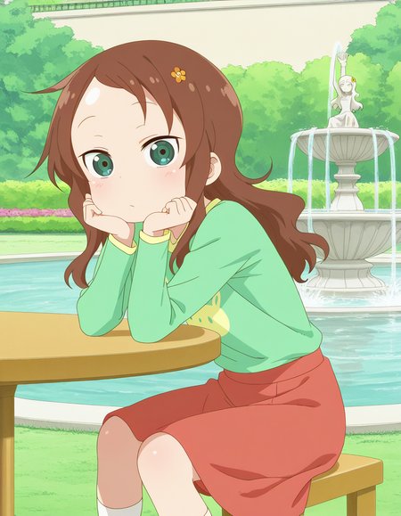masterpiece, best quality, amazing quality,, <lora:riko-saikawa-s2-illustriousxl-lora-nochekaiser:1>, riko saikawa, long hair, brown hair, green eyes, hair flower, hair ornament, flower, anime screencap, skirt, shirt, long sleeves, red skirt, white socks, green shirt,, sitting, head rest, table,, fountain, water, spray, sculpture, garden, cowboy shot, solo, looking at viewer