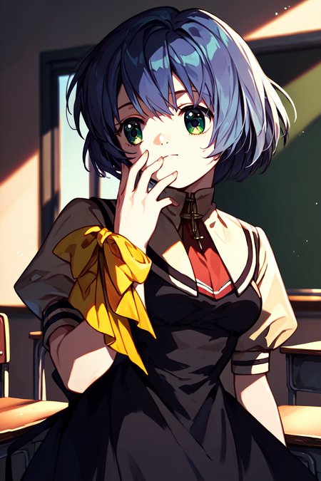 score_9, score_8_up, score_7_up, score_6_up, rating_safe, source_anime, best quality, masterpiece, detailed eyes, classroom, (looking away), touching own face, <lora:kirishima-kano-xl-04:1.2>, kirishima kano, air school dress uniform, black socks, yellow wrist ribbon, medium breasts, green eyes,