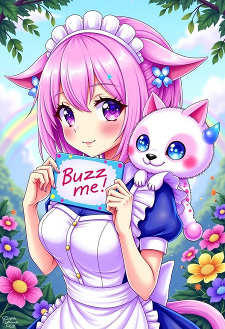 digital art, anime girl, pink hair, big boobs, maid, purple eyes, civchan holding a board with words"Buzz me", cute pet on her shoulder, rainbow, fluffy, white spots, blue eyes, large eyes, pink nose, small tail,  blue tail tip, cute paws, standing, side view, jungle background, wild flowers, pastel colors, soft shading, cartoon style, adorable, fantasy creature, animal, detailed fur texture, pointy ears, whimsical,  <lora:CivChan:1>